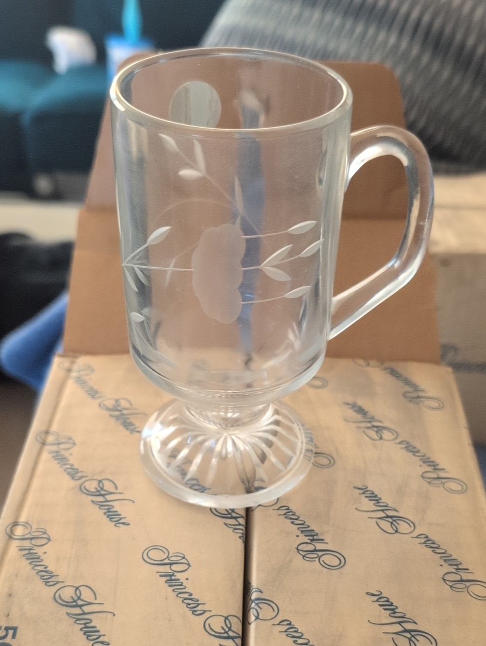 Vintage Princess House 1988 Clear Glass Pedestal Mug w/ Etched Floral Set Of 8